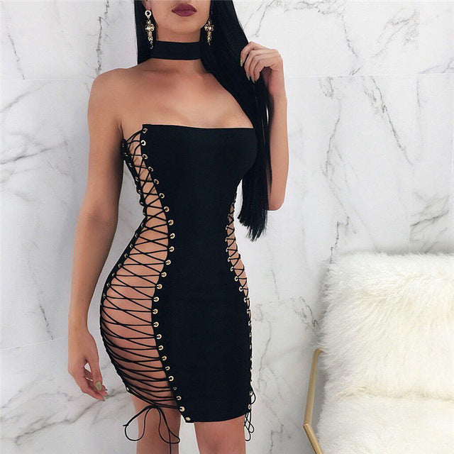 Sexy Black Sleeveless Lace Up Party Bodycon Mini Dress Sizes S - XL