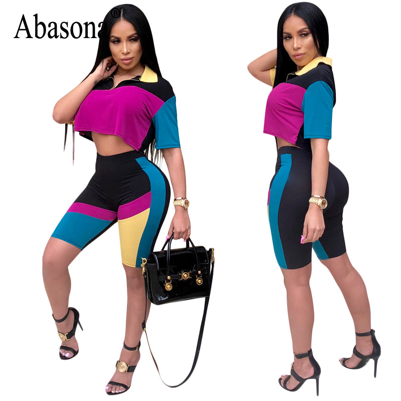 Sexy Multi Colored Women's V-Neck Short Sleeve 2 Piece Bodycon Outfit S - XXL