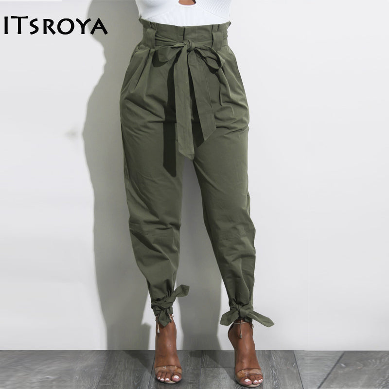 Pantalones hasta el tobillo de cintura alta de Itsroya 2018, gran oferta, pantalones con lazo elástico para mujer con bolsillos