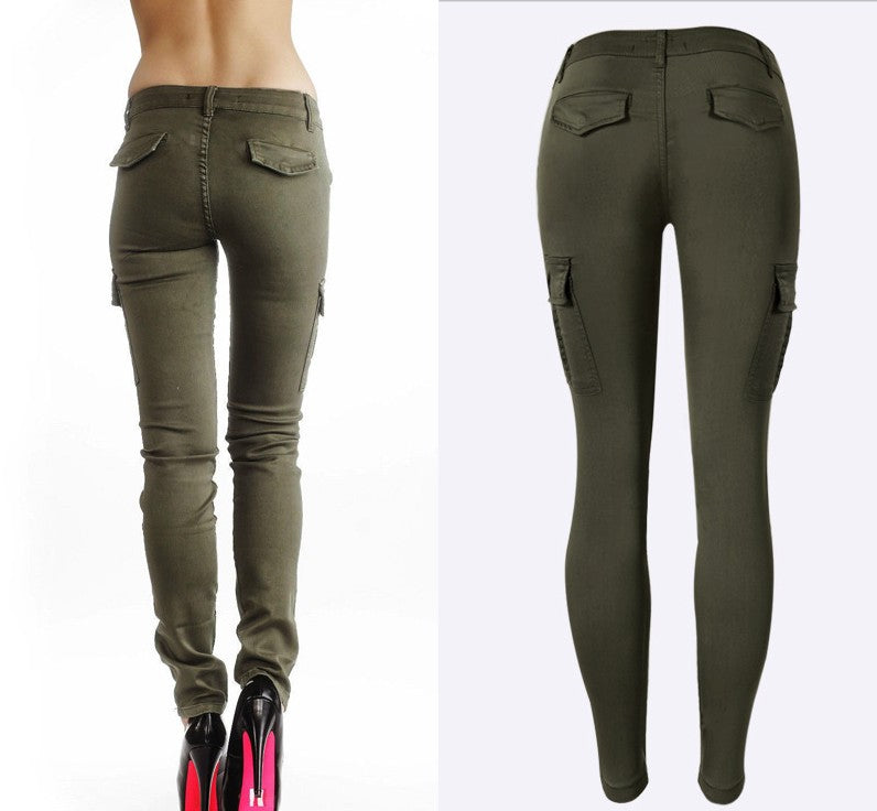 Hot Sexy Style Mid Waist Elastic Women's Stretch Pencil Skinny Jeans With Double Side Pockets In Army Green