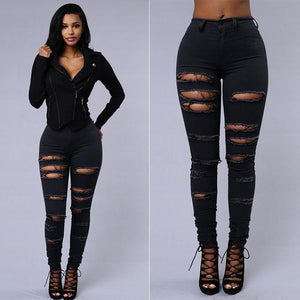 Sexy Women's Black And White Skinny Bodycon Ripped Denim Jeans