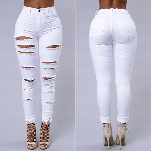 Nuevo 2018 Cintura alta Agujero Estiramiento Lápiz Flaco Ripped Denim Jeans Pantalones Tallas grandes