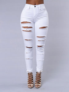 Sexy Women's Black And White Skinny Bodycon Ripped Denim Jeans