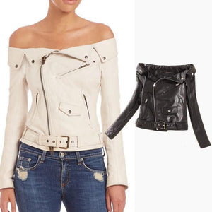 Sexy Women's Off-The-Shoulder Fashion Leather Jacket Sizes S - XL