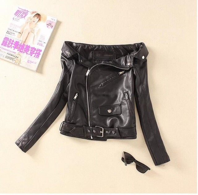 Sexy Women's Off-The-Shoulder Fashion Leather Jacket Sizes S - XL
