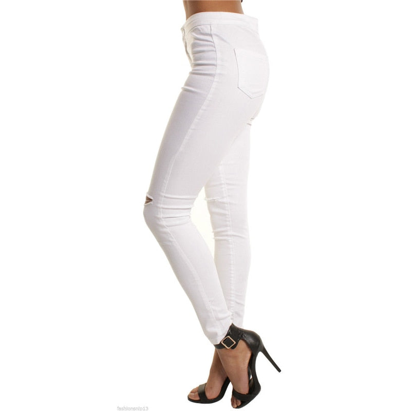 Jeans de cintura alta de mezclilla delgados rasgados de talla grande para mujer
