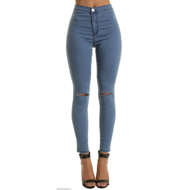 Jeans de cintura alta de mezclilla delgados rasgados de talla grande para mujer
